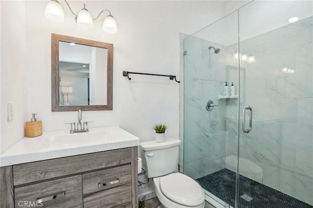 full bathroom featuring toilet, a shower stall, and vanity