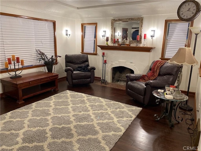 living room with a fireplace with flush hearth and wood finished floors