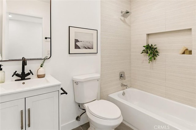 bathroom with toilet, shower / bathtub combination, baseboards, and vanity