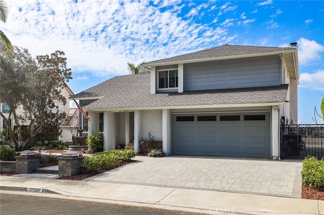 view of front of property with decorative driveway, roof with shingles, stucco siding, fence, and a garage