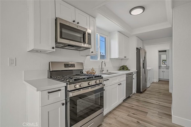 kitchen featuring light wood finished floors, a raised ceiling, appliances with stainless steel finishes, ornamental molding, and a sink