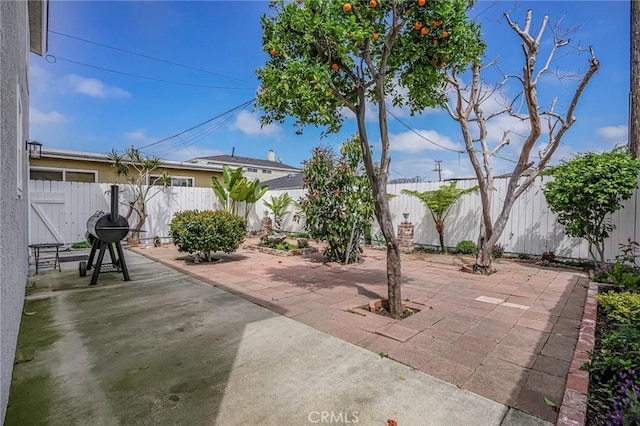 view of patio featuring a fenced backyard and a grill