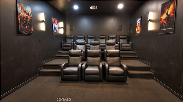 cinema featuring carpet flooring and baseboards