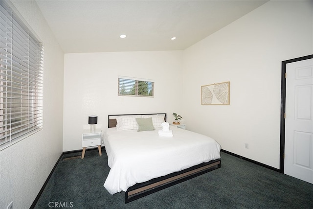 bedroom featuring vaulted ceiling, carpet floors, baseboards, and recessed lighting