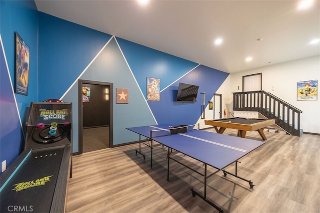 game room with wood finished floors, billiards table, recessed lighting, and baseboards