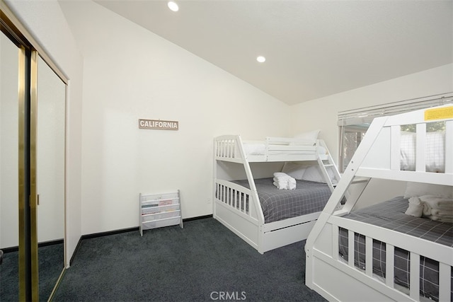bedroom with carpet floors, vaulted ceiling, recessed lighting, and baseboards
