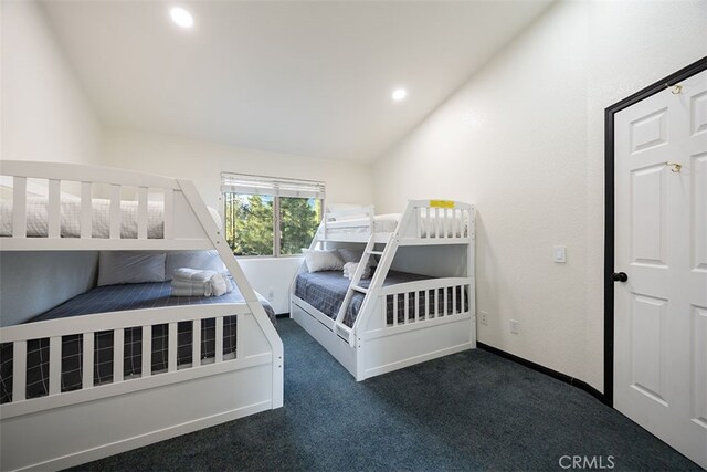 bedroom featuring carpet, vaulted ceiling, and recessed lighting