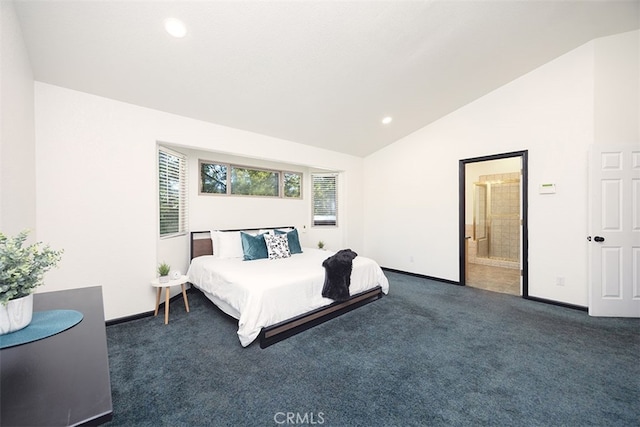 bedroom with lofted ceiling, carpet floors, recessed lighting, baseboards, and ensuite bathroom
