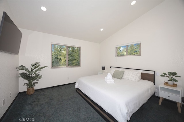 bedroom featuring recessed lighting, carpet, lofted ceiling, and baseboards