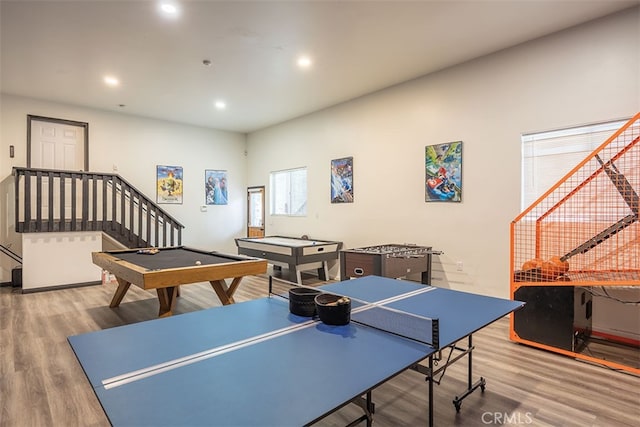 rec room with wood finished floors, recessed lighting, pool table, and baseboards
