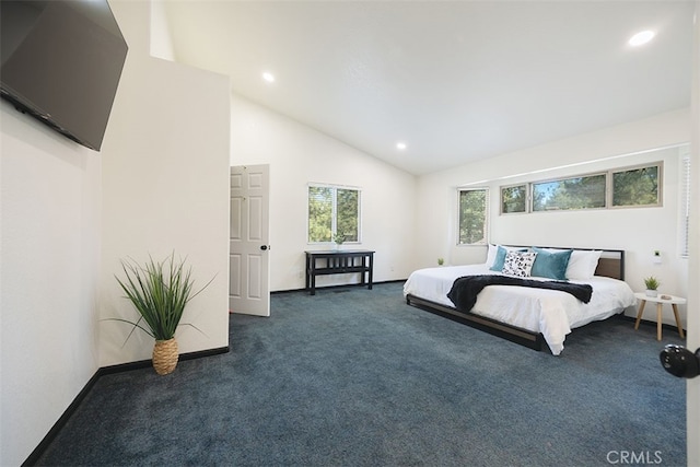 carpeted bedroom with recessed lighting, high vaulted ceiling, and baseboards