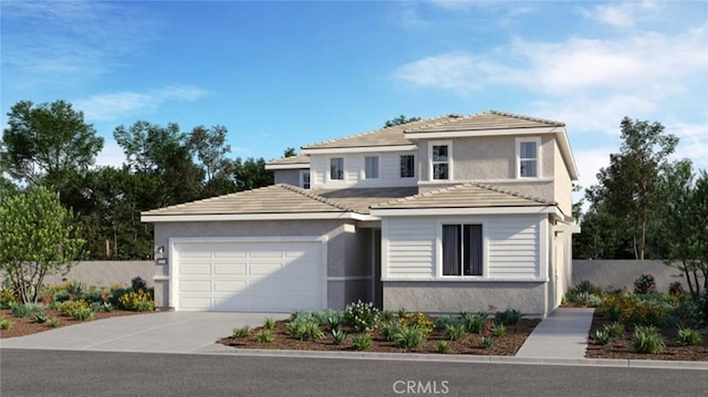 view of front of property with a garage, a tile roof, fence, driveway, and stucco siding