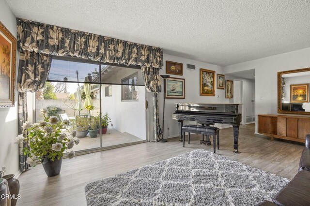 living area featuring a textured ceiling and wood finished floors