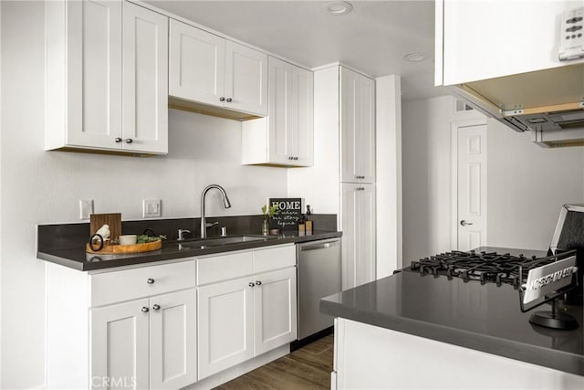kitchen featuring dark countertops, a sink, dark wood-style floors, white cabinets, and stainless steel dishwasher