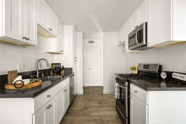 kitchen with visible vents, a sink, stainless steel appliances, white cabinetry, and dark countertops