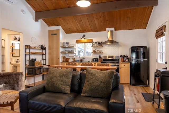 living area featuring wooden ceiling, plenty of natural light, lofted ceiling with beams, and light wood finished floors