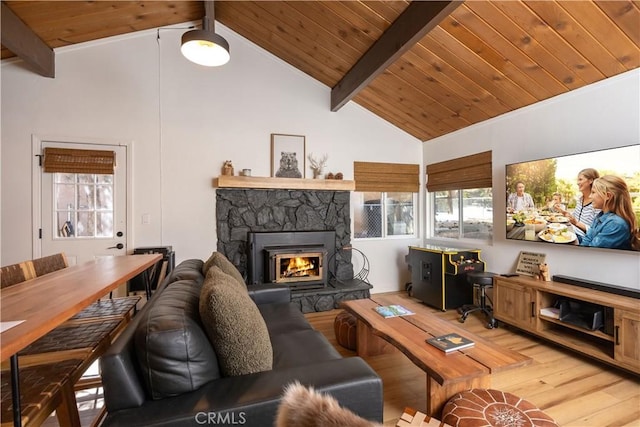 living area featuring light wood-type flooring, beam ceiling, wooden ceiling, and a fireplace