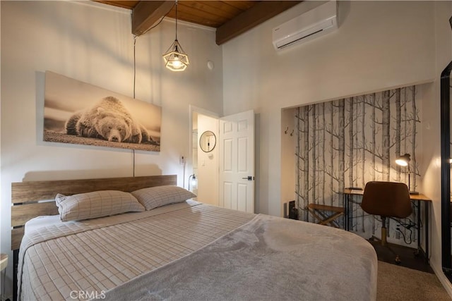 bedroom featuring wood ceiling, an AC wall unit, and beam ceiling