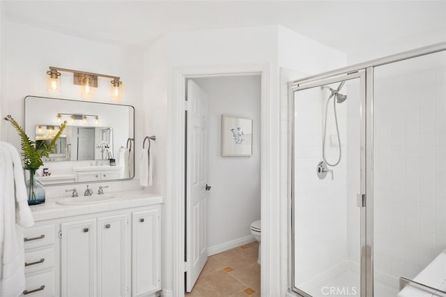 full bath featuring tile patterned flooring, toilet, a shower stall, and vanity