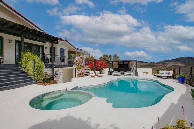 19950 Elfin Forest Ln, Escondido, CA 92029 - view of swimming pool featuring stairway, a pool with connected hot tub, a patio, and a mountain view