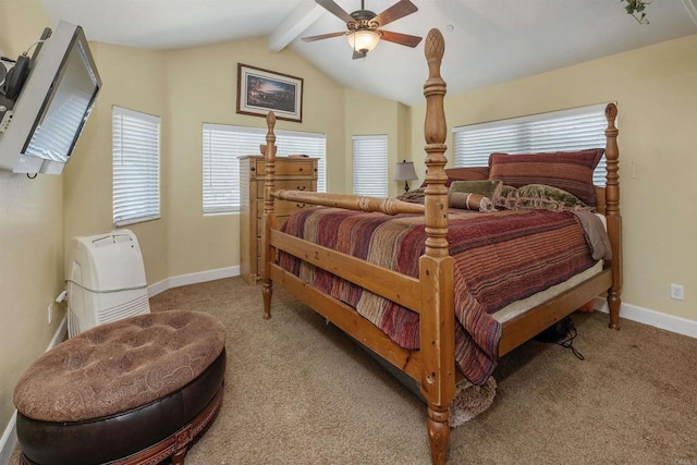 bedroom with carpet floors, vaulted ceiling with beams, baseboards, and a ceiling fan