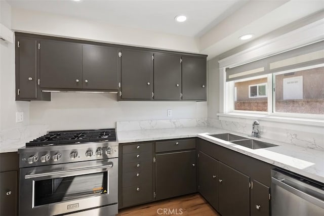 kitchen featuring appliances with stainless steel finishes, wood finished floors, a sink, and recessed lighting