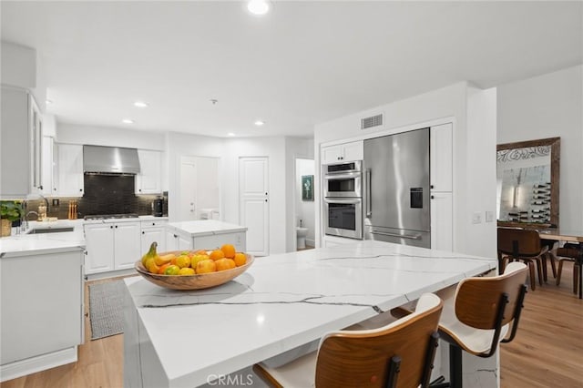 kitchen featuring stainless steel appliances, a sink, visible vents, a center island, and wall chimney exhaust hood