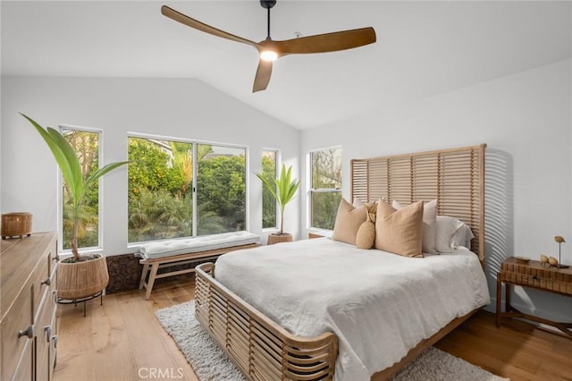 bedroom with vaulted ceiling, ceiling fan, and light wood finished floors