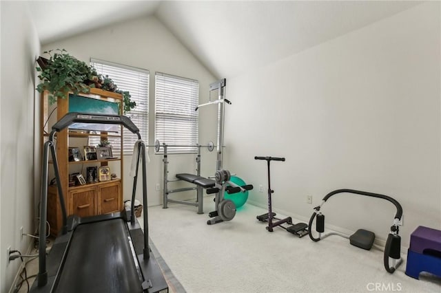 exercise area featuring lofted ceiling, baseboards, and carpet