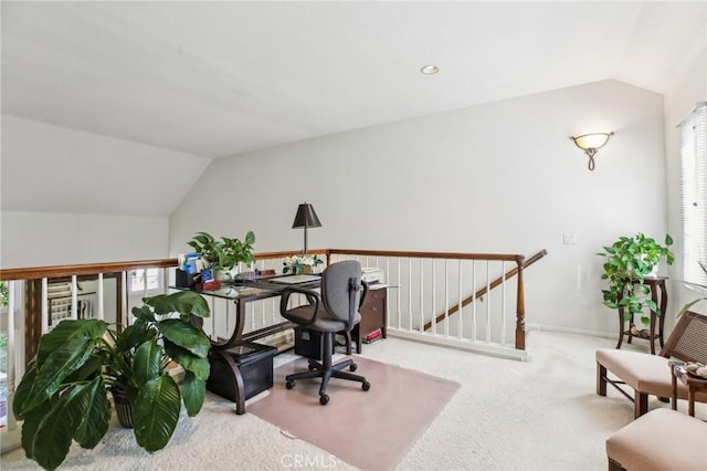 office featuring lofted ceiling, carpet, baseboards, and recessed lighting