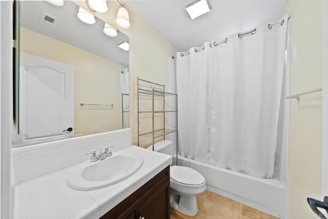 full bath with visible vents, toilet, shower / bathtub combination with curtain, vanity, and tile patterned flooring