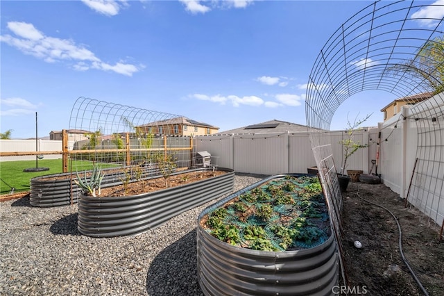 exterior space with a fenced backyard and a vegetable garden