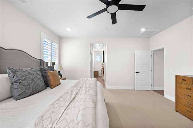 bedroom featuring ceiling fan, recessed lighting, carpet floors, visible vents, and baseboards