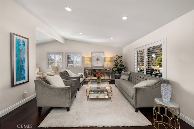 living room with vaulted ceiling, recessed lighting, wood finished floors, and baseboards