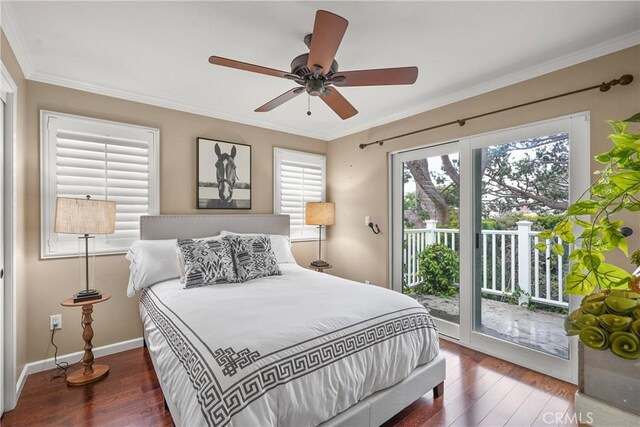 bedroom featuring a ceiling fan, wood finished floors, baseboards, crown molding, and access to outside