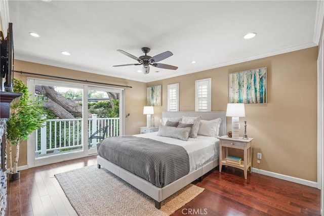 bedroom featuring wood finished floors, ornamental molding, and access to outside