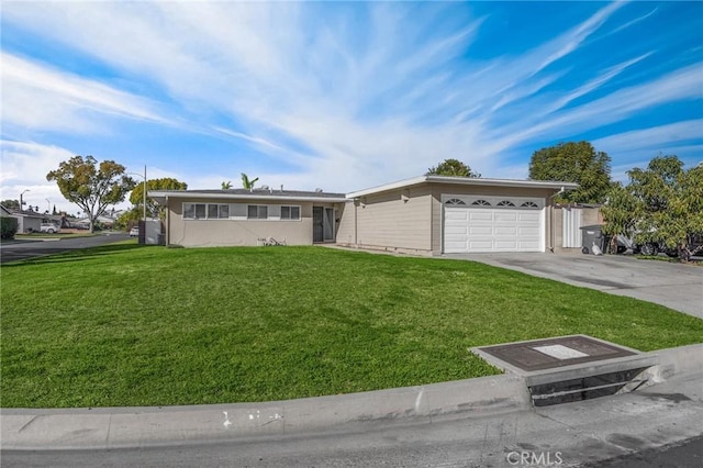 single story home with an attached garage, driveway, and a front lawn