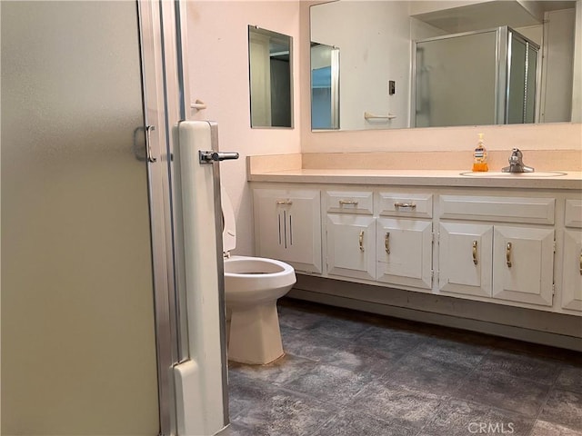 bathroom with a stall shower, a bidet, and vanity