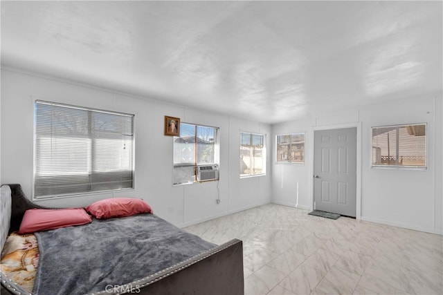 bedroom with marble finish floor, baseboards, and cooling unit