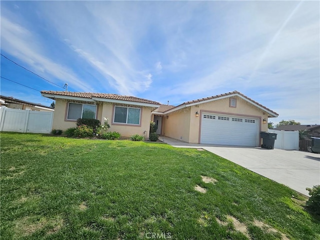 ranch-style house featuring stucco siding, fence, a garage, driveway, and a front lawn