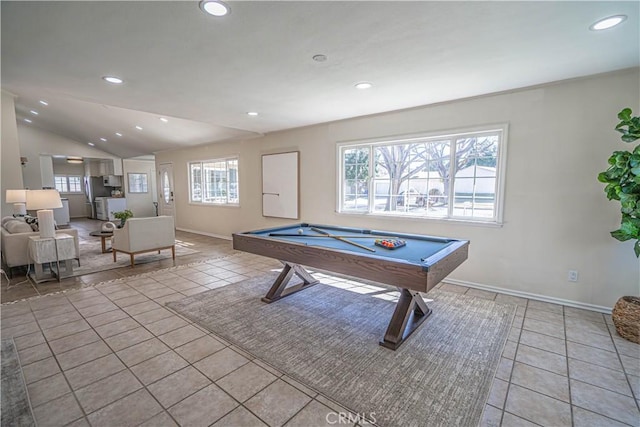 playroom featuring vaulted ceiling, light tile patterned flooring, and recessed lighting