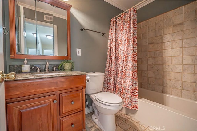 full bath with visible vents, toilet, ornamental molding, shower / bath combination with curtain, and vanity