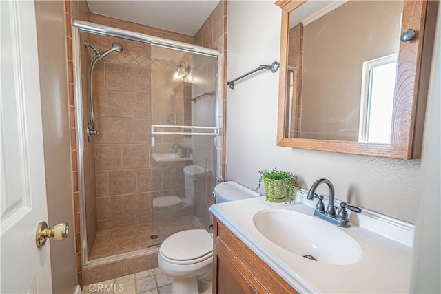 full bathroom featuring a stall shower, vanity, and toilet