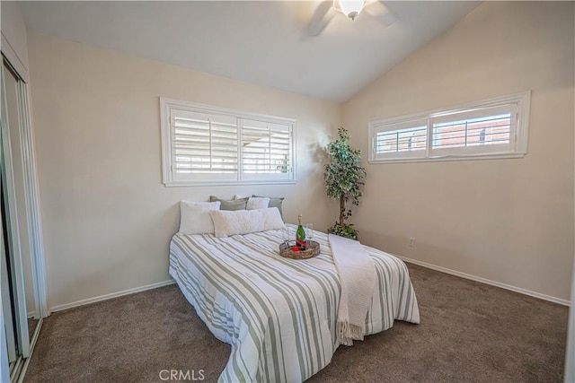 bedroom featuring ceiling fan, carpet, baseboards, and vaulted ceiling