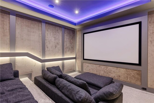 4050 Contera Rd, Encino, CA 91436 - cinema room featuring carpet flooring and a tray ceiling