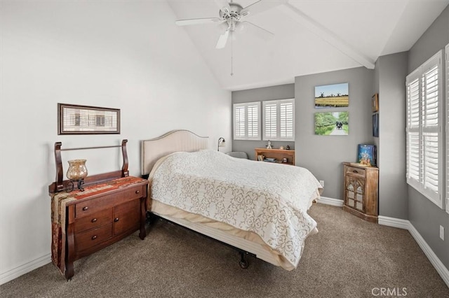 carpeted bedroom featuring ceiling fan, multiple windows, baseboards, and vaulted ceiling