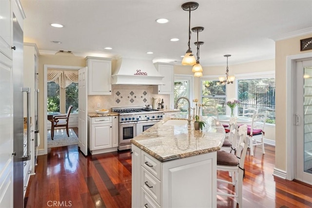 kitchen with decorative backsplash, premium range hood, light stone countertops, double oven range, and a sink