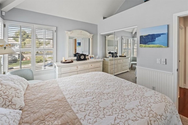 bedroom featuring lofted ceiling, a closet, and wainscoting