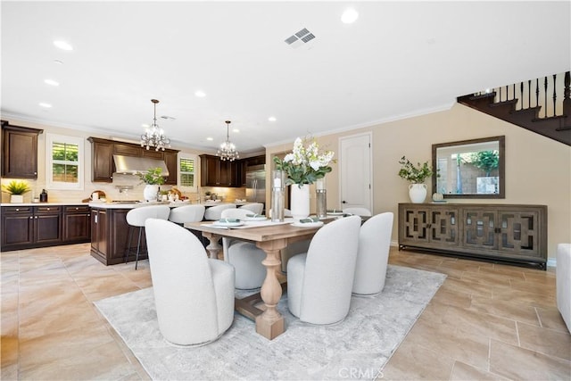 dining room featuring a notable chandelier, recessed lighting, visible vents, stairway, and crown molding