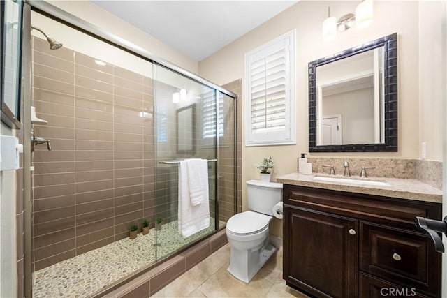 bathroom with a stall shower, tile patterned flooring, vanity, and toilet